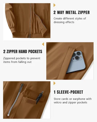 Miniatura 4 de Polu Chaquetas bomber para hombre con bolsillos, chaquetas cortavientos ligeras, cremallera de 2 vías, abrigo casual de negocios para otoño e