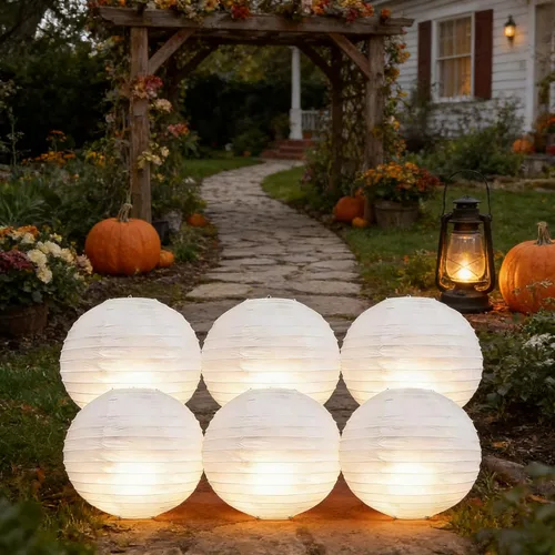 Miniatura 5 de 6 linternas de papel blancas con luces LED, linterna redonda de 12 pulgadas, lámpara de papel colgante para cumpleaños, boda, Navidad, novia