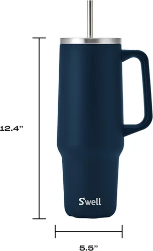 Miniatura 3 de S'well Vaso de acero inoxidable reciclado XL con popote y asa, 40 onzas, azurita, contenedor aislado al vacío de triple capa mantiene las bebidas