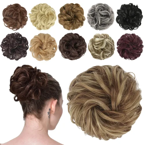 FESHFEN Pieza de Cabello de Moño Desordenado - Extensiones Elásticas Onduladas Rizadas de Moño Scrunchies Sintético Chignon Postizos para Mujeres