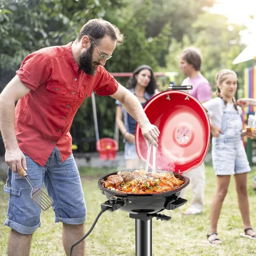 Miniatura 8 de ORALNER Parrilla eléctrica para barbacoa con soporte, rejilla de calentamiento y bandeja de goteo, parrilla eléctrica de 15 porciones para Rojo