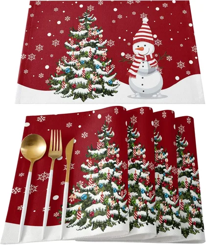 Juego de 6 manteles individuales de Navidad, muñeco de nieve, copo de nieve, árbol de Navidad, resistentes al calor, para mesa de comedor, lino y