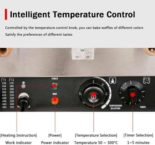 Miniatura 5 de Máquina de gofres eléctrica comercial, cuerpo de acero inoxidable, control de temperatura de 122.0-482.0 °F, temporizador, luces indicadoras