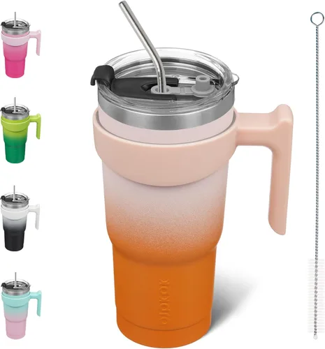 Miniatura 72 de BJPKPK Vaso con asa de acero inoxidable de 20 onzas, con aislamiento de doble pared, con tapa y pajita, color rosa claro A-rosa claro