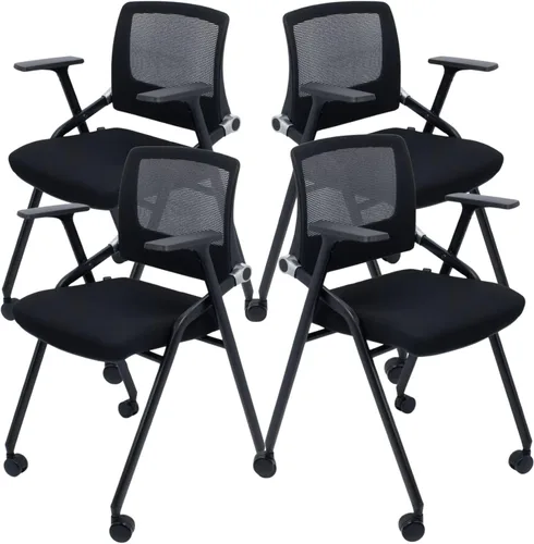 Miniatura 12 de Paquete de 2 sillas de oficina plegables con ruedas, respaldo de malla, brazos y portátiles, sillas de oficina plegables para silla de sala de Negro