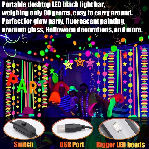 Miniatura 2 de Paquete de 1 barra de luz negra USB, luz negra LED portátil con soporte, interruptor, cable de 5 pies para fiesta de neón fluorescente, póster