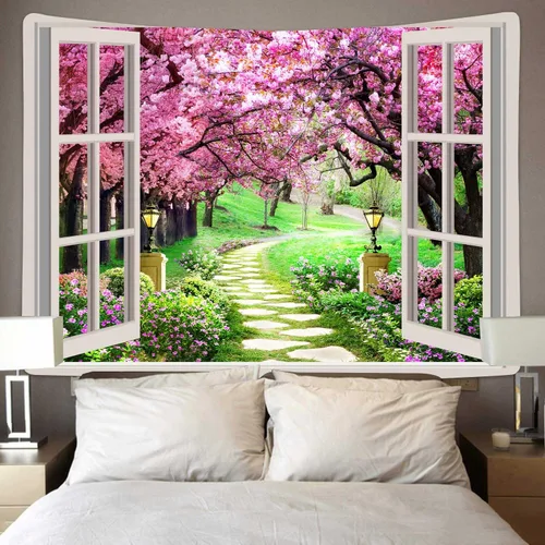 Miniatura 3 de Tapiz japonés de flores de cerezo para ventana, camino de bosque de árboles, flores rosas, botánico, floral, paisaje natural, estético para sala