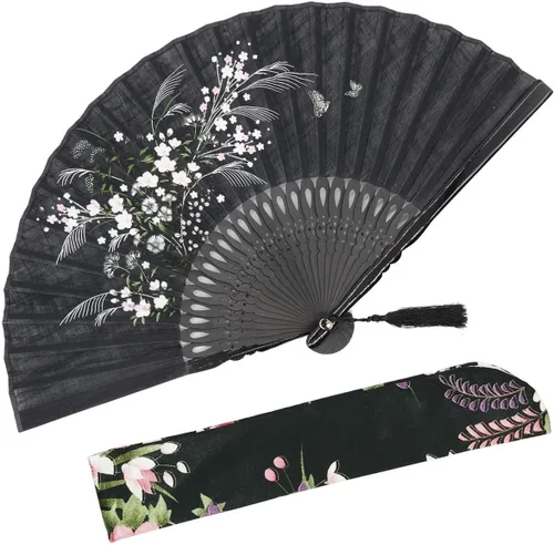 OMyTea, abanico desplegable con motivo de flores de yuyos (8.27 pulgadas - 21 centímetros) con funda de tela para protección, estilo chino/japonés