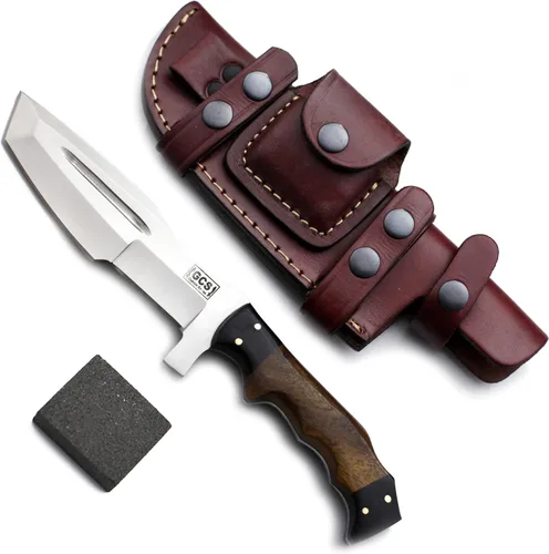 Miniatura 16 de GCS - Cuchillo de caza de acero D2 hecho a mano G10, mango fijo, cuchillo de hoja fija, mano derecha, funda de cuero de búfalo y piedra de afilar