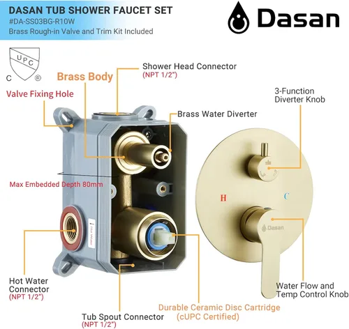 Miniatura 3 de DASAN DA-SS03BG-R10W - Juego completo de grifos de bañera, sistema de ducha de bañera dorado cepillado con boquilla de bañera, bañera y grifo