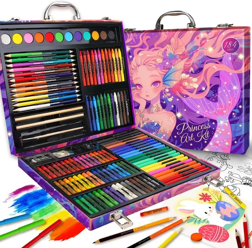 Miniatura 10 de Cokiki Kit de arte de 184 piezas para niños de 6 a 12 años, juego de dibujo definitivo con pasteles al óleo, crayones, pasteles de acuarela y bloc