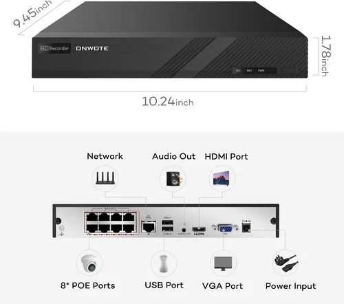 Miniatura 8 de ONWOTE NVR de 8 canales 4K 8MP (8 puertos PoE incorporados), detección de movimiento, grabadora de audio de video de 8 canales, solo funciona