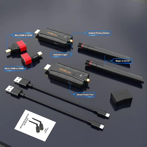 Miniatura 5 de Transmisor y receptor HDMI inalámbrico, kit extensor de 1 a 2, 656 pies de largo alcance, estable 1080P, 5 GHz 0.05 s con botón de privacidad, Plug