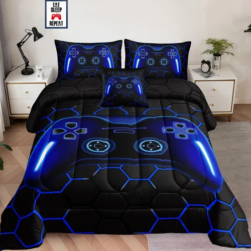 Juego de ropa de cama de 5 piezas para niños, tamaño individual, juego de edredón gamer para niños, juego de edredón gaming para decoración de