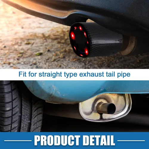 Miniatura 4 de Tubo de escape de coche con luces LED rojas ajustable 1.4-2.2 pulgadas entrada 8.3 pulgadas longitud acero inoxidable fibra de carbono patrón negro