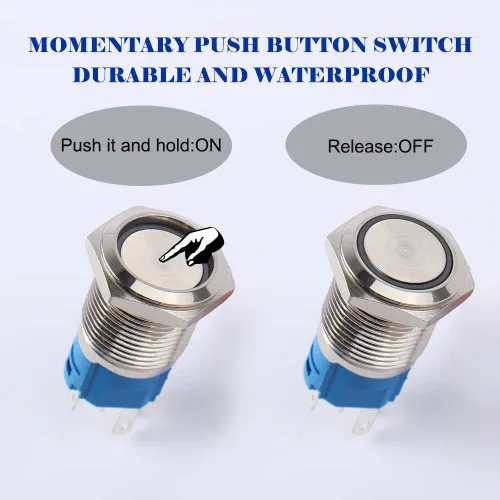 Miniatura 3 de Paquete de 2 interruptores de botón momentáneos de 0.63 pulgadas, 12 V-24 V, LED, impermeable, de metal, 1 NO 1 NC, con enchufe de cable