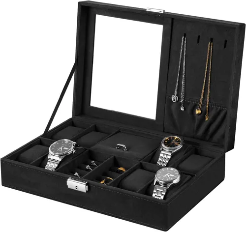 Oyydecor Joyero organizador de caja de reloj con 8 ranuras para almacenamiento de relojes, estuche organizador de joyas con espejo (negro)