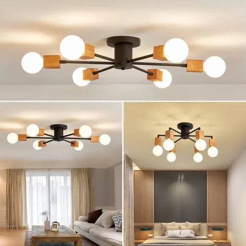 Miniatura 3 de Lámpara de techo de madera semiempotrada, 6 luces, lámpara Sputnik de madera rústica, iluminación de techo estilo granja, roble y negro con E26