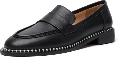 FOGEENA Mocasines de cuero mate para mujer, estilo casual, sin cordones, punta redonda, tacón bajo grueso, zapatos de vestir de 1 pulgada