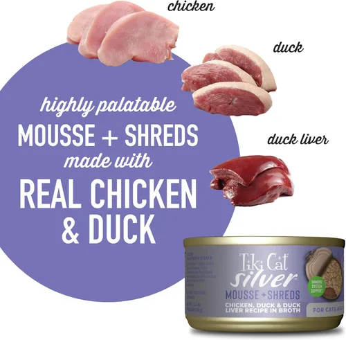 Miniatura 8 de Tiki Cat Silver Comfort Mousse + Trozos, Pollo y Pato e Hígado de Pato, Apoyo del Sistema Inmunológico Formulado para Gatos Mayores de 11+ Años