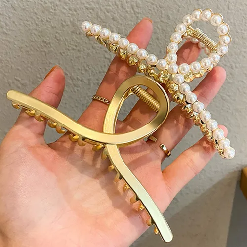 Pinzas de metal grandes para el cabello para mujeres con perlas de 4.3 pulgadas, pinzas antideslizantes para el cabello grueso roscado, pinzas de