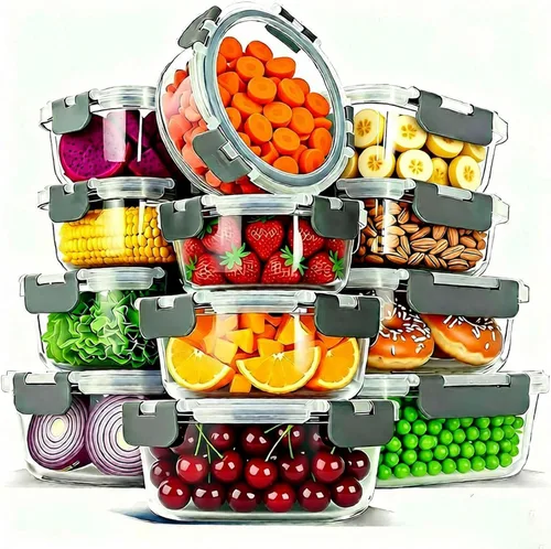 Juego de 12 recipientes de vidrio para almacenamiento de alimentos con tapas de cierre a presión herméticas, recipientes de vidrio borosilicato Gris