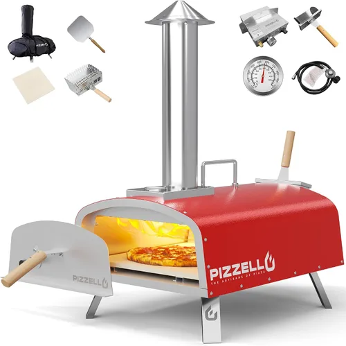 Miniatura 16 de PIZZELLO Horno de pizza para exteriores de 12 pulgadas, con propano y leña, multicombustible, con quemador de gas, bandeja de madera, piedra, Negro
