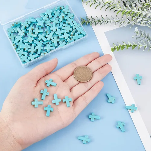 Miniatura 2 de SUNNYCLUE 1 caja 100 piezas cuentas de cruz turquesa a granel, cuentas sintéticas de piedras preciosas azul turquesa, mini cruz de Pascua, cuentas