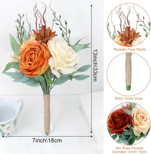 Miniatura 5 de Ramos de dama de honor para boda, juego de 6 ramos de flores artificiales para decoración de otoño, boda, propuesta de matrimonio, fiesta, Naranja