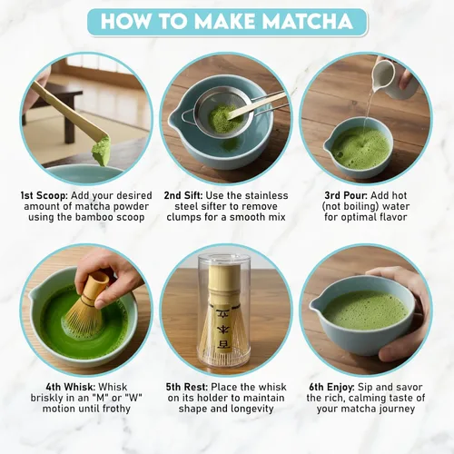 Miniatura 4 de Juego de 10 batidores Matcha Kit completo de té Matcha con cuenco de cerámica de 17 onzas, batidor y cuchara de bambú, soporte para batidor, tamiz
