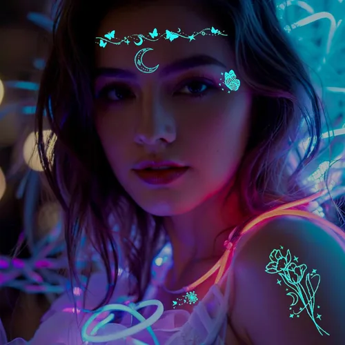 Miniatura 6 de Tatuajes temporales luminosos de mariposa para mujer, 9 hojas de collar falso de encaje sexy que brilla en la oscuridad, alas de tatuaje