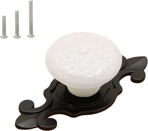 Miniatura 20 de HUAMULAN Paquete de 10 pomos de cerámica retro vintage para aparador, cocina, pétalos, tiradores de armario, cajón, base negra, placa trasera