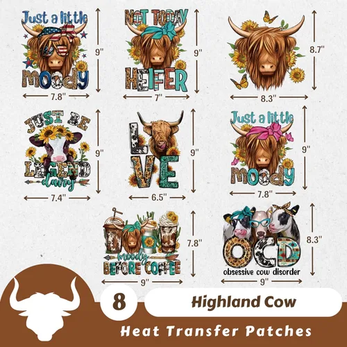 Miniatura 2 de 8 piezas de parches de transferencia de calor de vaca de las montañas, diseños de vinilo para transferencia de hierro para camisetas, calcomanías