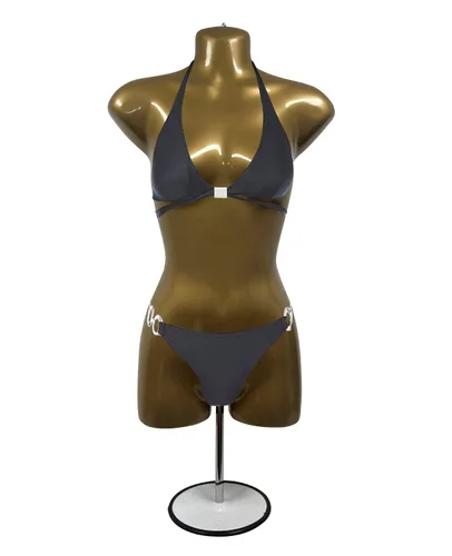 Maniquí femenino dorado largo con soporte para vestido con forma de camiseta para mostrador de encimera, cuerpo hueco con poste de metal y gancho