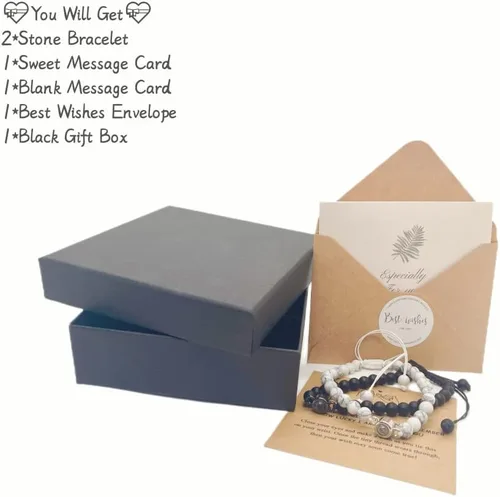 Miniatura 6 de Pulseras para parejas, pulseras de cristal curativo de proyección en 100 idiomas, ágata negra, blanca, turquesa, pulseras a juego para novio, novia