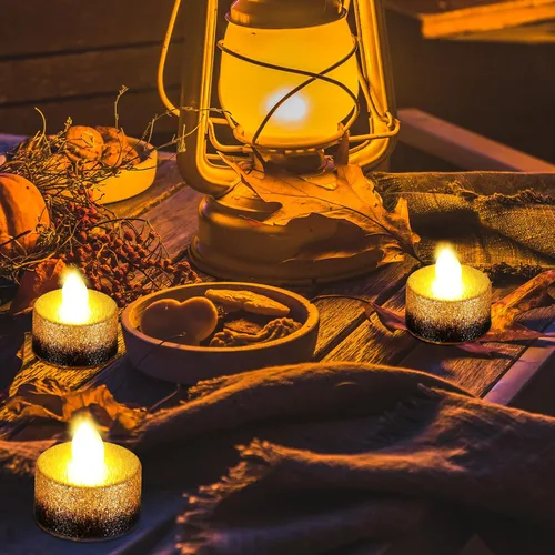 Miniatura 5 de Retisee 48 velas LED sin llama, velas falsas eléctricas con purpurina dorada y negra para centros de mesa, funciona con pilas, decoraciones