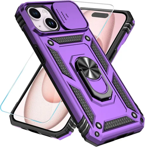 Miniatura 32 de SunStory Funda compatible con iPhone 15 con protector de pantalla HD, cubierta de cámara deslizante y soporte de anillo giratorio, [grado militar]