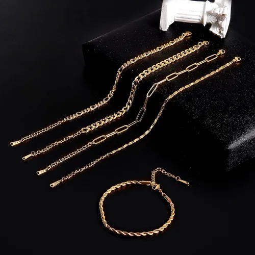 Miniatura 5 de KesaPlan Pulsera de moda para mujer, chapado en oro real de 14 quilates, delicado eslabón cubano con clip de cuerda, paquete de pulseras para niñas