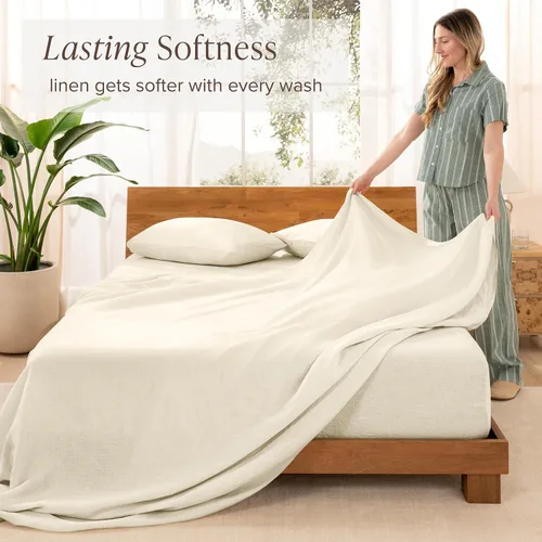 Miniatura 3 de Bare Home Juego de sábanas extralargas para cama individual, 100% lino europeo de lujo, bolsillos profundos, ajuste fácil, juego de 3 piezas, Natural