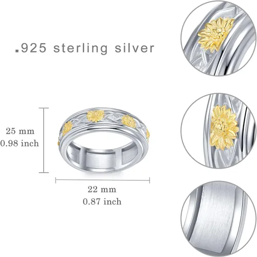 Miniatura 4 de Anillo giratorio de plata de ley 925 con girasol, anillos giratorios para aliviar el estrés, joyería de regalo para mujeres y niñas