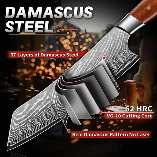 Miniatura 2 de TIJERAS Cuchillo de chef japonés, cuchillo de cocina Santoku de Damasco, 7 pulgadas, Damasco de 67 capas, cuchillos de chef profesionales afilados