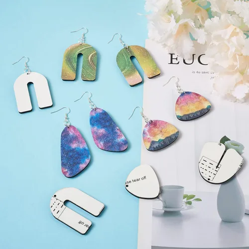Miniatura 3 de Spritewelry 18 pares de productos de sublimación en blanco para sublimación, aretes de MDF sin terminar con tarjetas, anillos de salto, ganchos