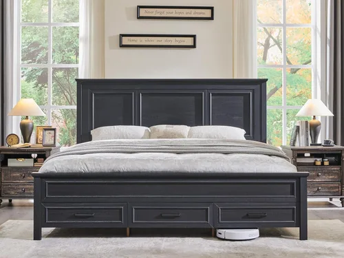 ACCOHOHO Marco de cama tamaño Queen con cabecera de 52 pulgadas de alto, plataforma de madera con estribo y cajones de almacenamiento, no chirridos,