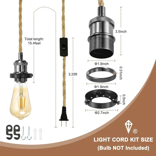 Miniatura 2 de PATIKIL Kit de cable de luz colgante de 15.4 pies, enchufe E26 con interruptor, cuerda trenzada industrial vintage para lámpara de granja