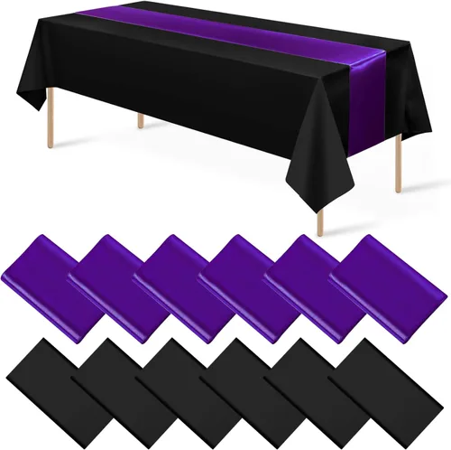 Miniatura 11 de Juego de 12 manteles de satén de 12 x 108 pulgadas y manteles de plástico de 54 x 108 pulgadas, manteles rectangulares desechables en negro y azul