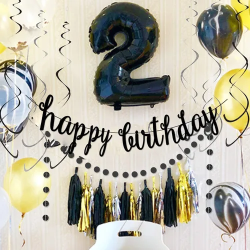 Miniatura 7 de Kit de decoración de pancarta negra de feliz cumpleaños, guirnalda de puntos circulares con espirales colgantes negros y plateados para cumpleaños