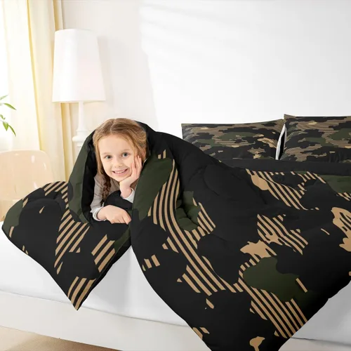 Miniatura 6 de Erosebridal Juego de ropa de cama de camuflaje marrón y negro, moderno juego de edredón abstracto de camuflaje militar, edredón acolchado con rayas
