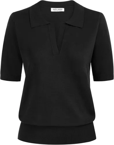 Kate Kasin Suéter tipo polo de manga corta con cuello en V para mujer, camiseta acanalada, informal, holgada, sin botones