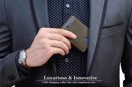 Miniatura 15 de SERMAN BRANDS - Billetera sencilla de cuero genuino con bloqueo RFID para hombre, billetera delgada con bolsillo frontal y clip para dinero