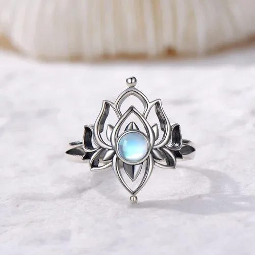 Miniatura 4 de Anillo de loto de piedra lunar para mujer, plata de ley 925, anillo de flor de loto, joyería espiritual vintage de loto para mujer, regalos de loto